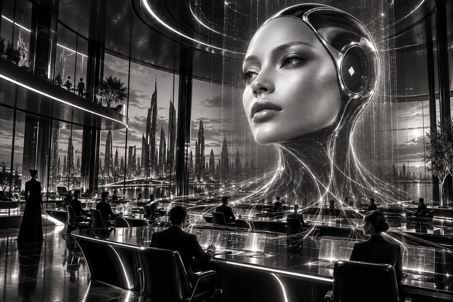 Concept visualization of HAURA coordinating a futuristic business command centre